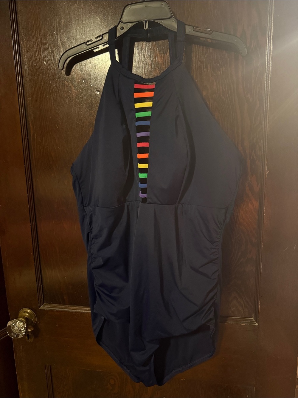 Lane Bryant Navy Halter Swimsuit with Rainbow Ladder Trim size 22
